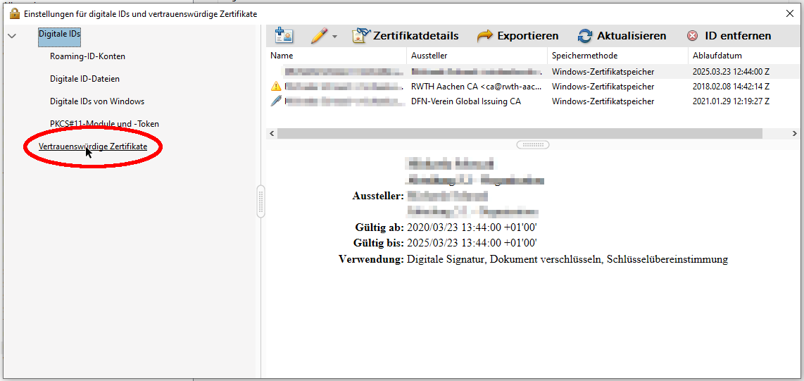 Navigationspunkt „Vertrauenswürdige Zertifikate“ Navigationspunkt „Vertrauenswürdige Zertifikate“