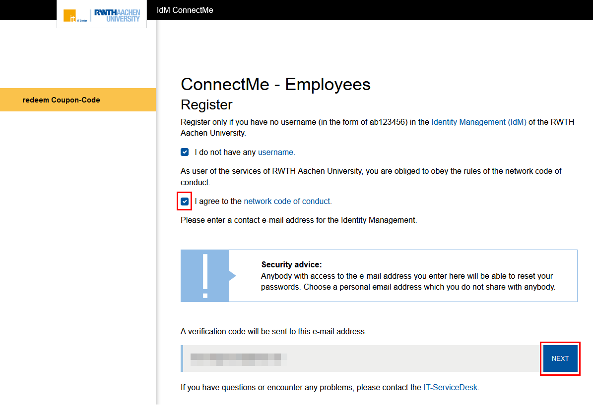 Screenshot of IdM ConnectMe. The network code of conduct is linked next to the second checkbox. You can enter your email address beneath the security notice. The Next button is below that.
