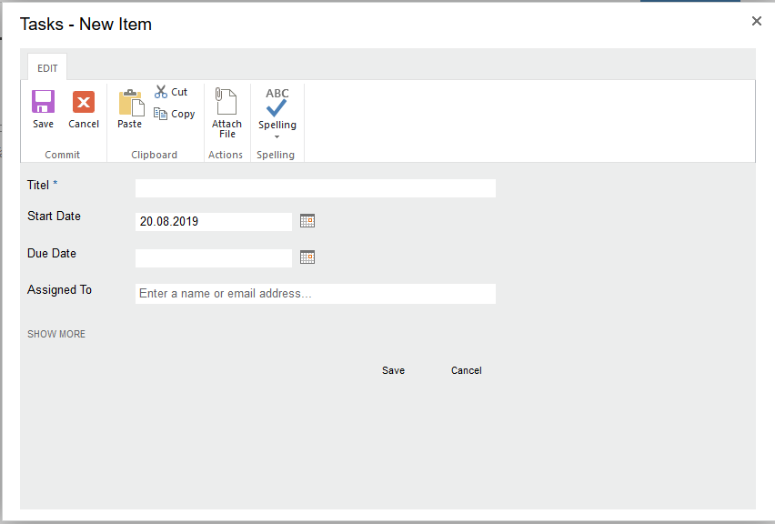 Sharepoint Shared Services > Anleitung > image2019-8-20 18:14:28.png (Adding a new Item to the tasklist) Adding a new Item to the tasklist