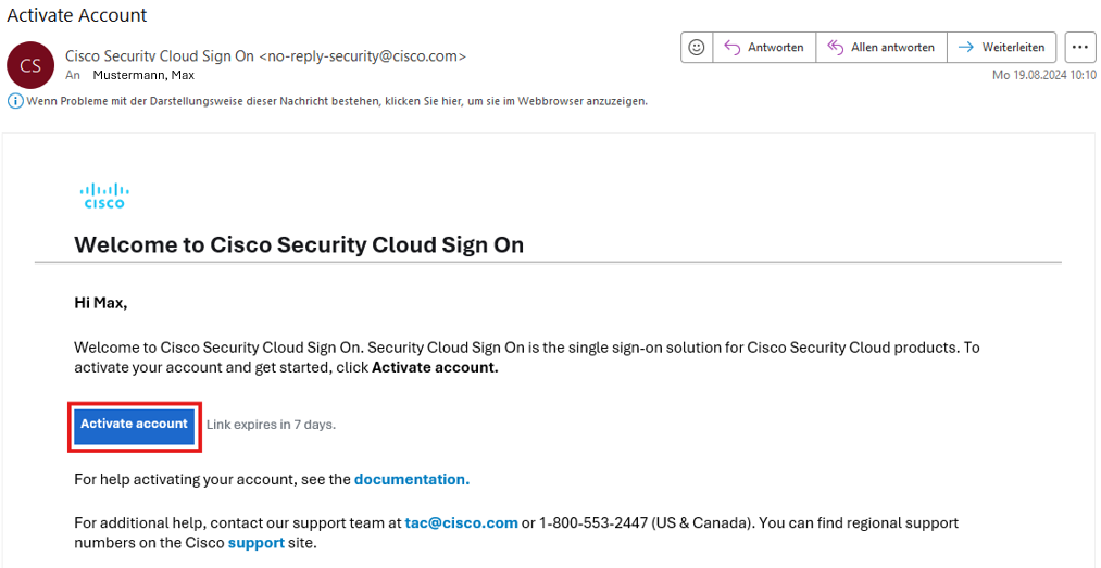 Screenshot der Email "Activate Account" auf dem, der Button "Activate Account" markiert ist.