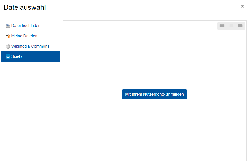 Dateiauswahldialog mit Anmeldung für Sciebo Der Bildschirmausschnitt zeigt den "Dateiauswahl"-Dialog mit der Schaltfläche "Mit Ihrem Nutzerkonto anmelden". Weitere Angaben für Dateiquellen sind "Datei hochladen", "Meine Dateien" und "Wikimedia Commons".
