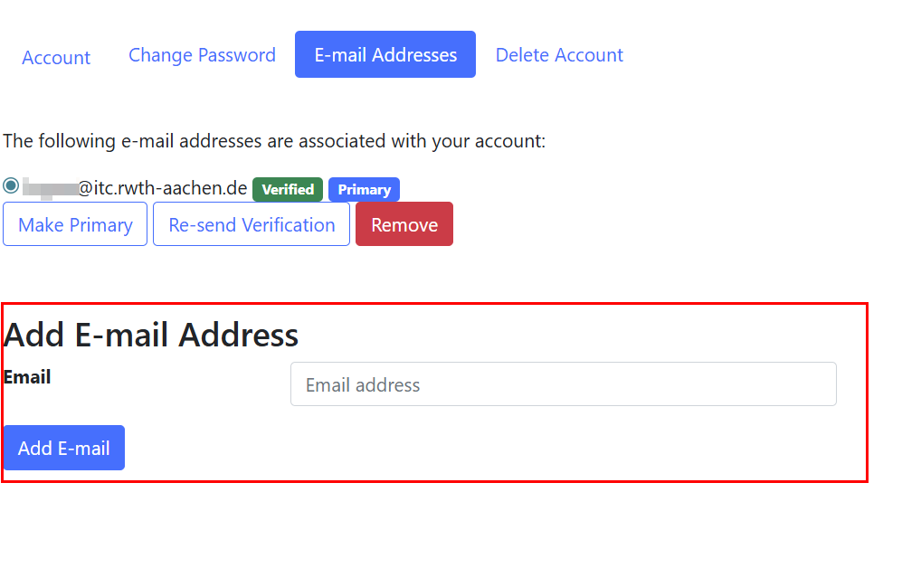 Screenshot of the "User profile for [username]" page  in the “Email addresses” tab. First, the email addresses that are already linked are displayed. Below that, there is an input field where you can add a new email address.