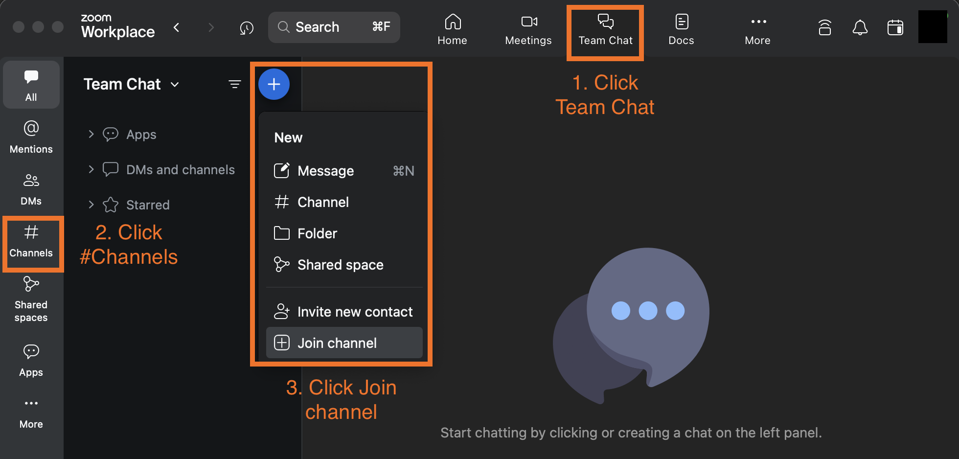 Screenshot of the desktop client. The relevant steps and areas are highlighted.