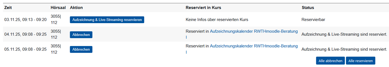 Screenshot: Überblick über die reservierten Termine und weitere Optionen