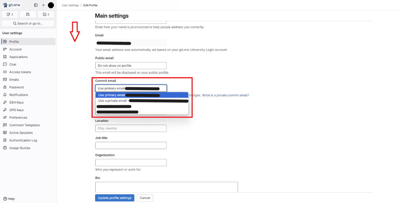 Under “Commit email”, the added email address is selected and confirmed by clicking the “Update profile settings” button Under “Commit email”, the added email address is selected and confirmed by clicking the “Update profile settings” button