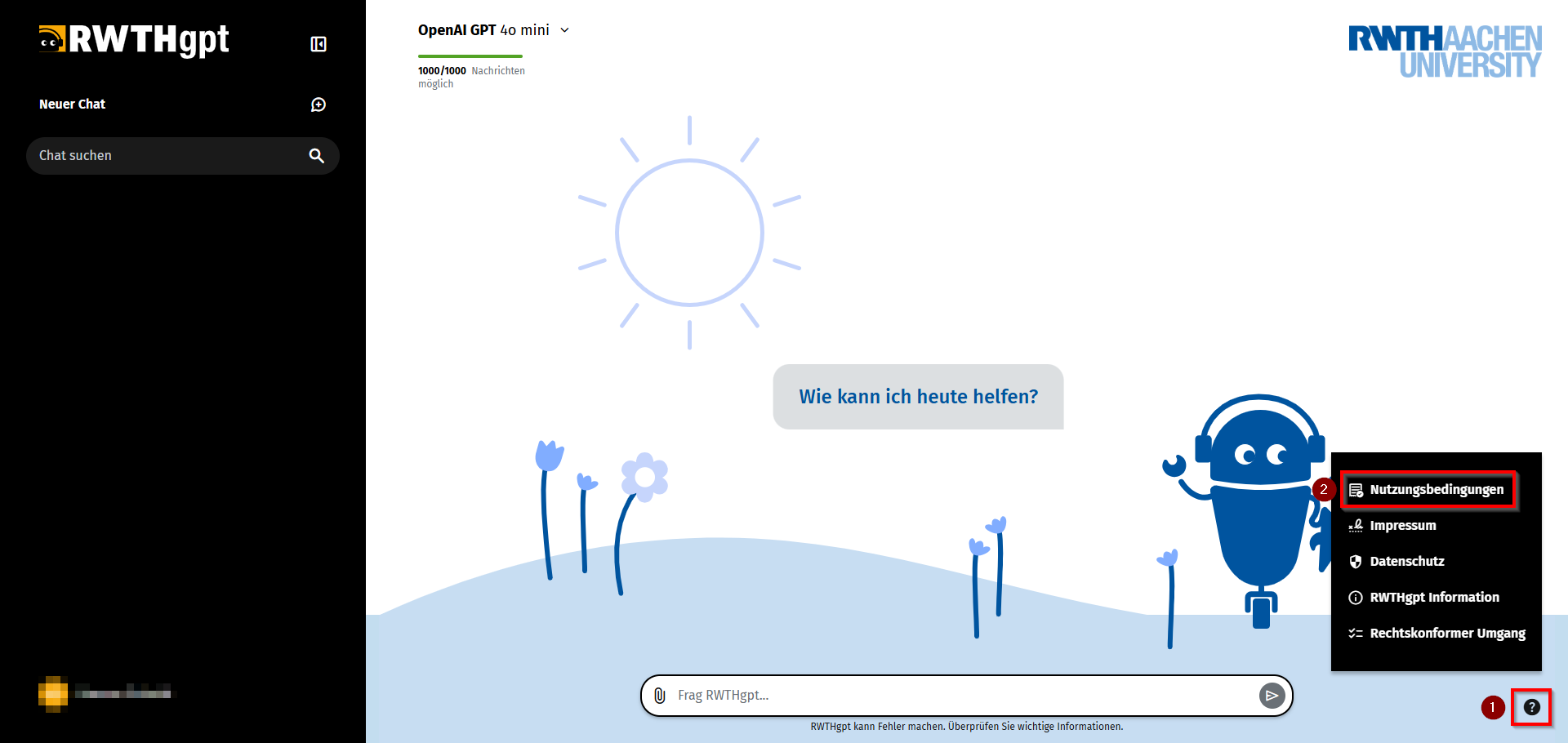 Screenshot der RWTHgpt Benutzeroberfläche auf dem unten rechts das Fragezeichen-Symbol und im Menü die Nutzungsbedingungen markiert sind.