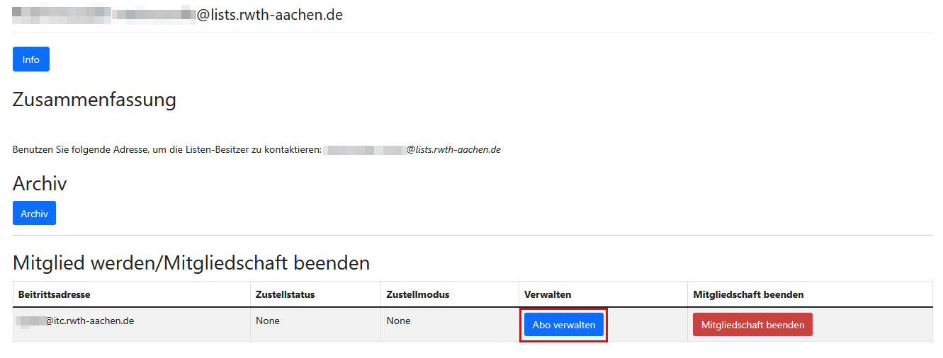 Screenshot der Infoseite einer Liste. "Abo verwalten" befindet sich im Bereich "Mitglied werden/Mitgliedschaft beenden", in der vierten Spalte ("Verwalten") der Tabelle.