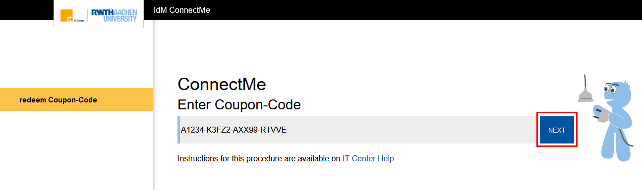 Screenshot of the IdM ConnectMe page, as described in steps 1 and 2.