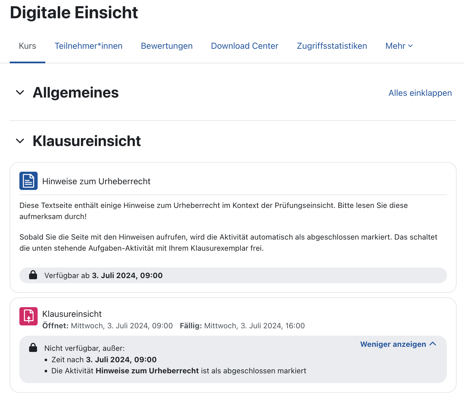 Screenshot der Kursseite aus Studierendensicht vor Start der Einsicht. Der Kurabschnitt und die beiden Aktivitäten sowie die Voraussetzungen sind sichtbar. Die Aktivitäten sind aber nicht klickbar.