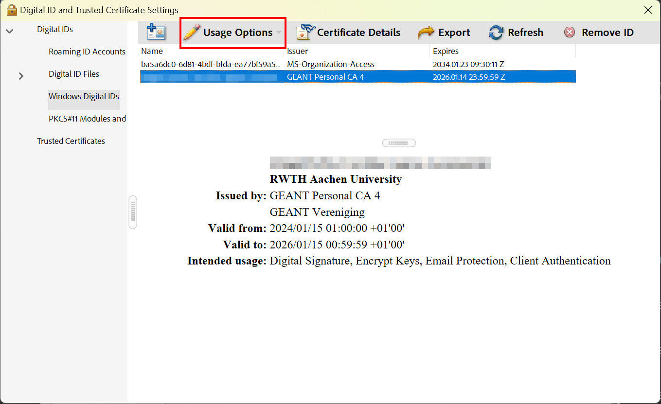 Choose Digital ID for Signing Screenshot of the Windows Digital IDs. "Usage Options" is located in the menu between "Add Digital ID" and "Certificate Details".