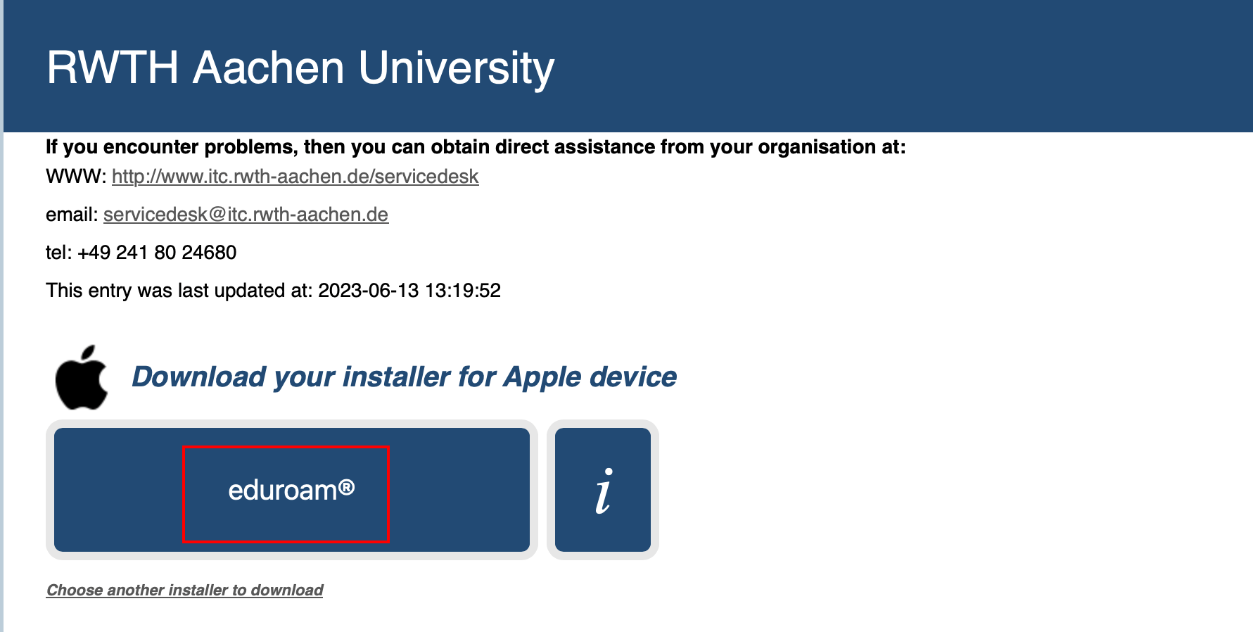  Screenshot of the CAT website. The eduroam button can be found under “Download your installer for Apple device”.