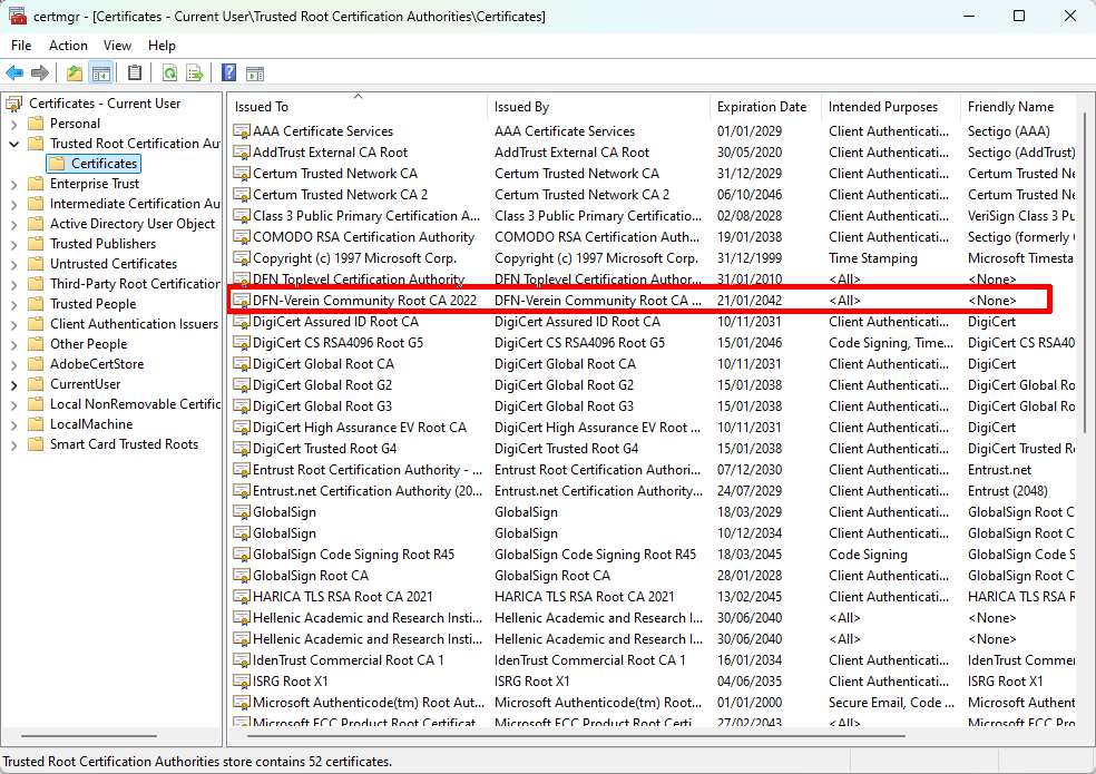 Screenshot of the "Trusted Root Certification Authorities" tab. The root certification authorities are listed alphabetically in a table.