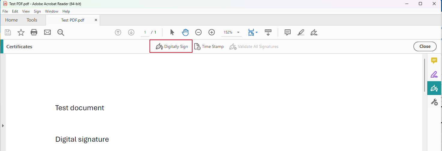 PDF document in Adobe Acrobat Reader. In the Certificates row, the Digitally Sign option is listed first.