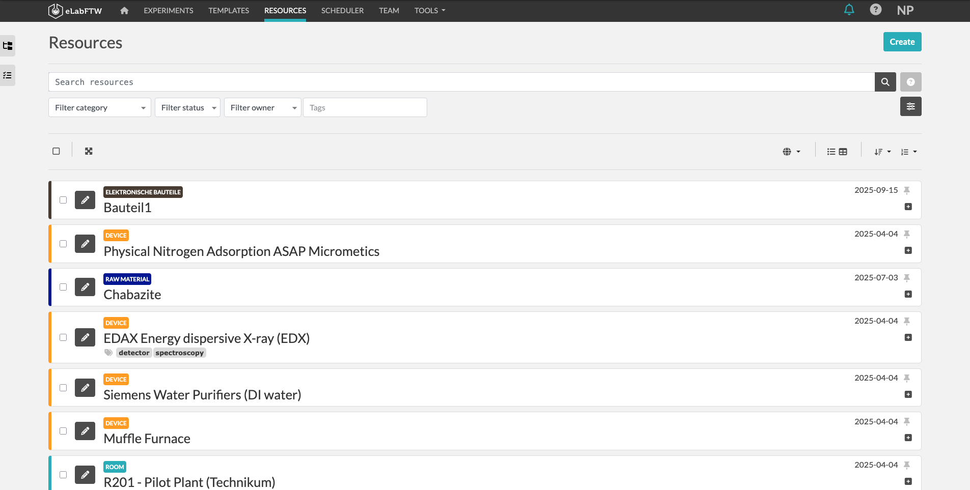 Screenshot of the resources in ELN. The button is located between "Templates" and "Scheduler." Use the search bar to search for resources and filter the results by category, status, owner, and tag.