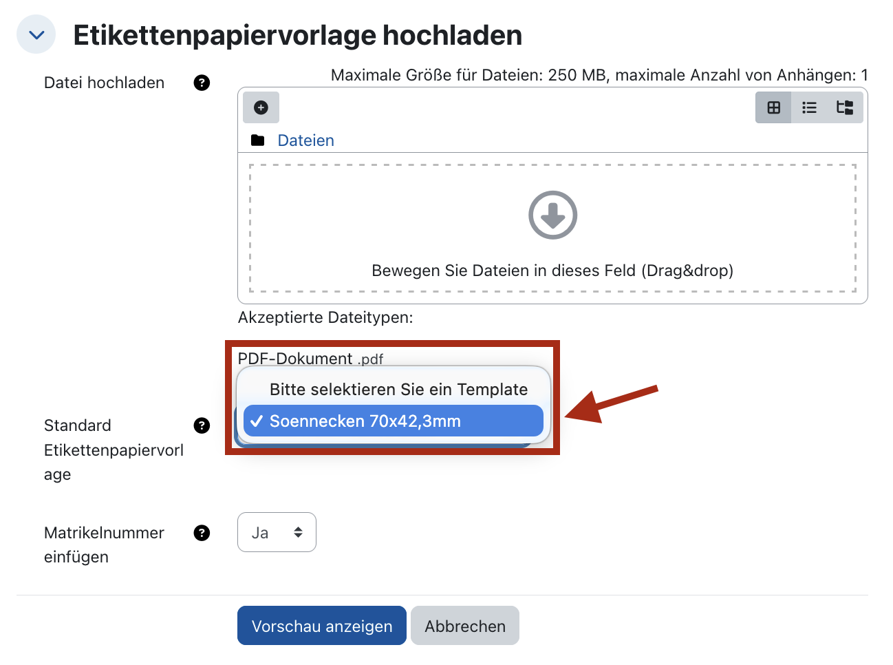 Screenshot: Etikettenpapiervorlage hochladen