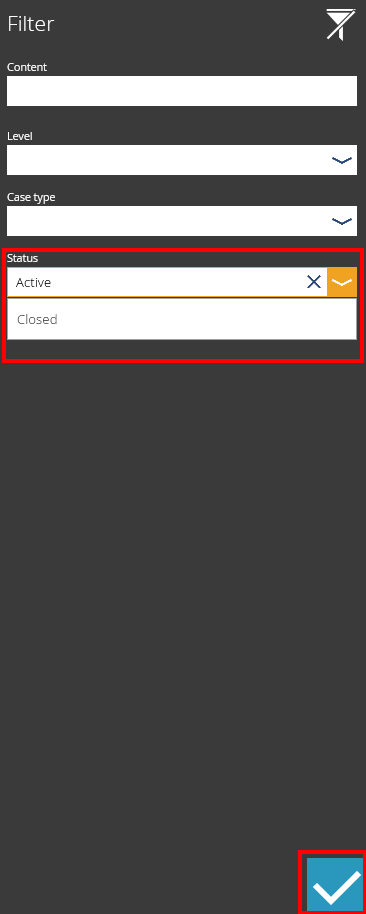 Screenshot of the filtering options.You can filter by content, level, case type and status.