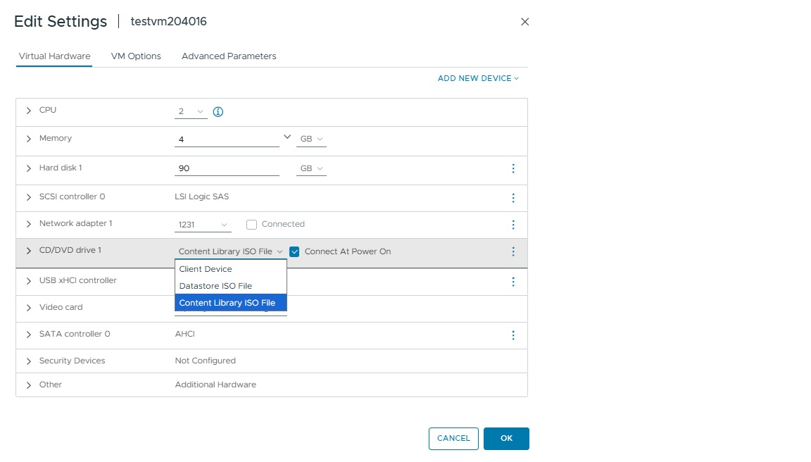 A screenshot of the vCenter interface. The screenshot shows the settings for virtual hardware. The options for CD/DVD Drive 1 are expanded and Content Library - ISO File is selected.