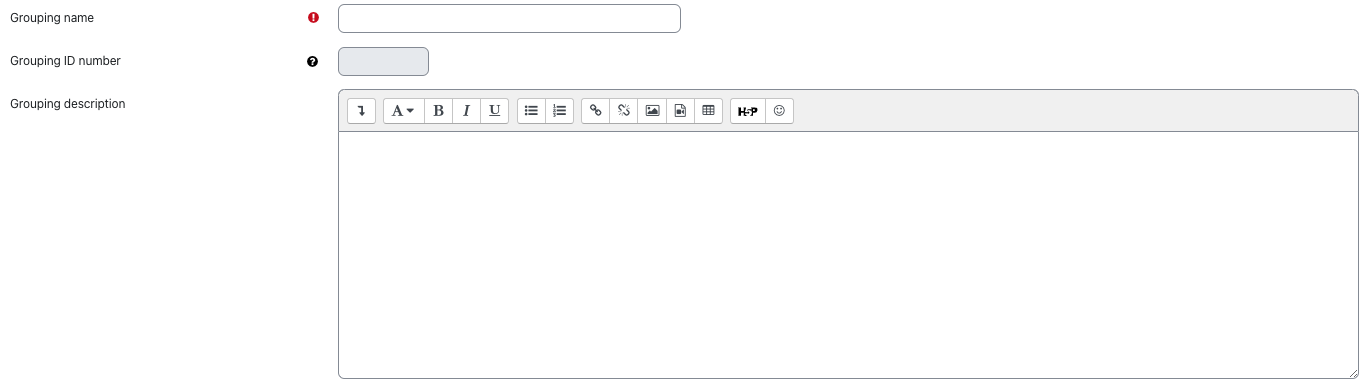 Overview of fields to create groupings The screenshot shows the three fields for group identification. The field "Group name" has no input yet, same applies for the "Grouping ID number". The description can be entered into the text field "Grouping description" with a rich text editor.