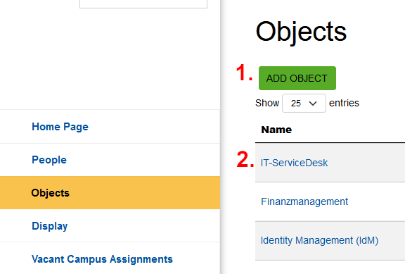 Screenshot of the ‘Objects’ page. The ‘Add objects’ button is located below the ‘Objects’ heading.