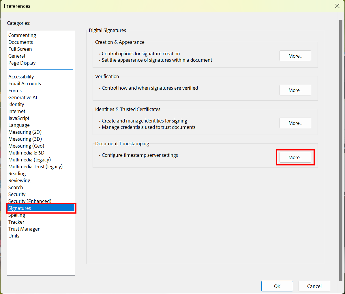Unterschriften - Zeitstempel konfigurieren Screenshot of the Preferences. Document Timestamping is the fourth and last element on the page Digital Signatures.