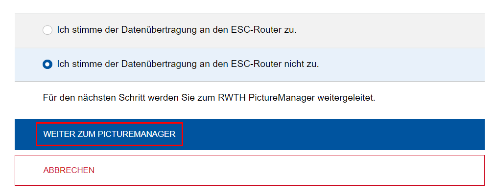 Screenshot der BlueCard-Seite. Sie können zwischen "Ich stimme der Datenübertragung an den ESC-Router zu." und "Ich stimme der Datenübertragung an den ESC-Router nicht zu." auswählen. Darunter befinden sich die Schaltflächen "Weiter zum PictureManager" und "Abbrechen".