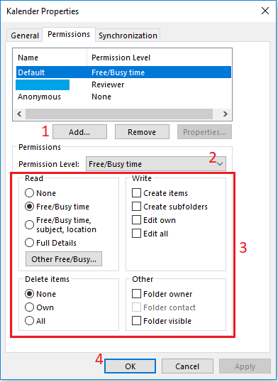 E-Mail > Outlook Berechtigungen > Persmissions_4.PNG Screenshot of the Calendar: Properties window, which graphically displays the selection of options from step 3.
