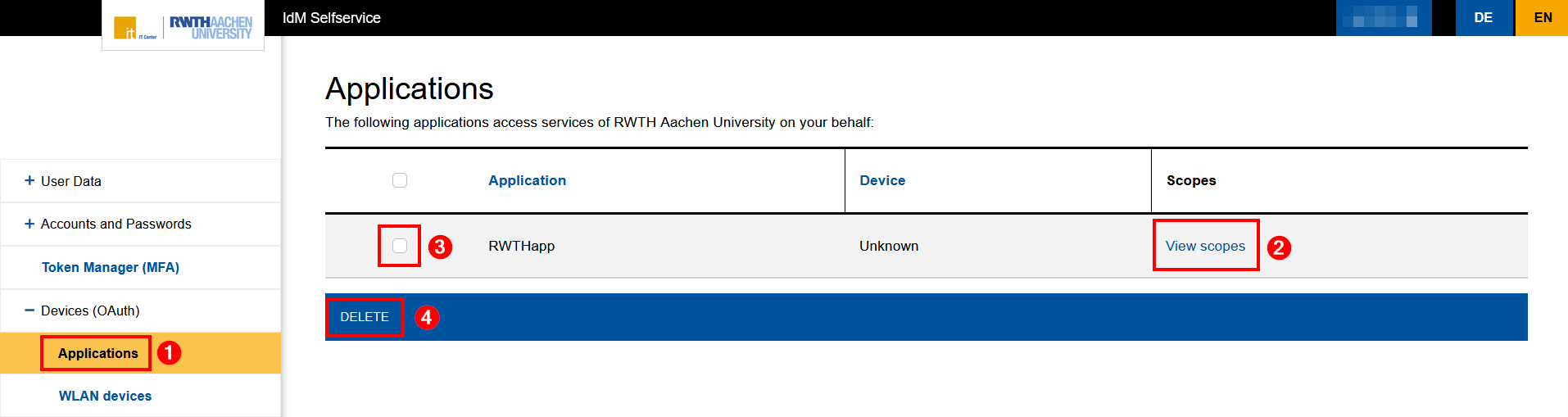 Screenshot of the "Applications" section in IdM Selfservice. This section is located under the expandable "Devices (OAuth)" section. The applications are listed in a table with three columns: Application, Device, and Scopes. The "Delete" button is located below the table.