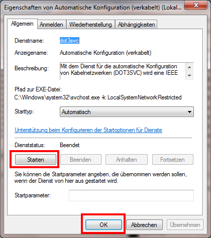 Screenshot des Fensters "Automatische Konfiguration (verkabelt)". Sie befinden sich auf der Registerkarte "Allgemein". Der Dienststatus befindet sich unterhalb der Starttyp.
