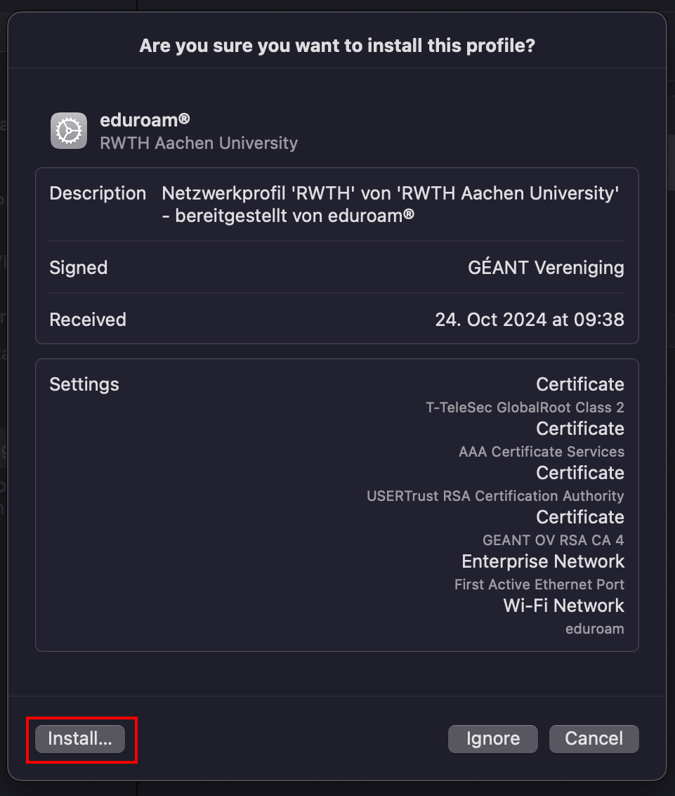 Screenshot of the "Are you sure you want to install this profile? This is followed by the profile's technical data. This is followed by 3 buttons: Install, Ignore and Cancel.