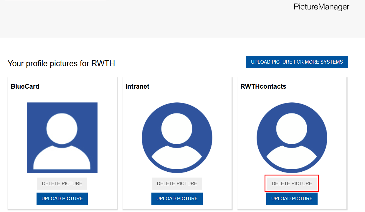 Screenshot of PictureManager. The "Upload picture for more systems" button is located under "Your profile pictures for RWTH." Below that are the three applications: BlueCard, Intranet, and RWTHcontacts. Under each application, there are two buttons: "Delete image" and "Upload image." If there is no image, the "Delete image" button will be disabled.
