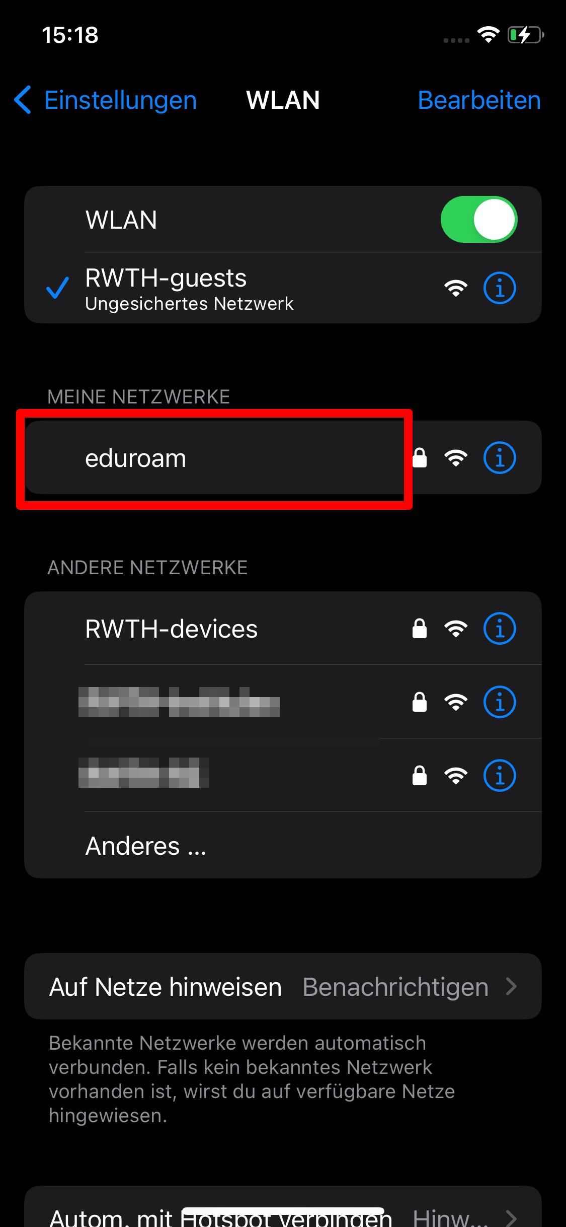 Screenshot der WLAN-Einstellungen. Unter "Meine Netzwerke" soll eduroam aufgelistet werden.