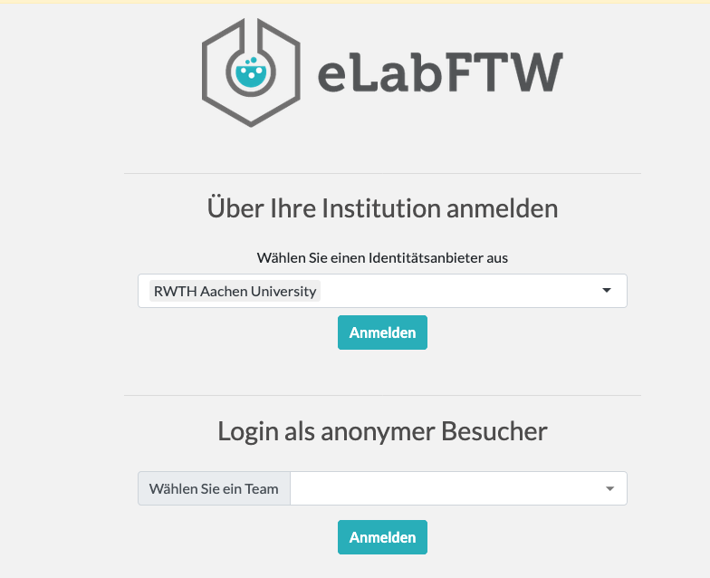 Screenshot der eLabFTW Anmeldeseite. Screenshot der eLabFTW Startseite. Die Universität wird in einem Drop-down Menü als Identitätsanbieter ausgewählt. Der Login als anonymer Besucher befindet sich darunter.