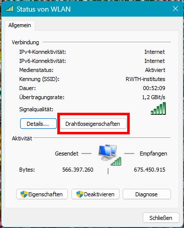 Screenshot des Fensters Status von WLAN. Die Schaltfläche Drahtloseigenschaften befindet sich unter Verbindung, nach der Signalqualität und der Schaltfläche Details.