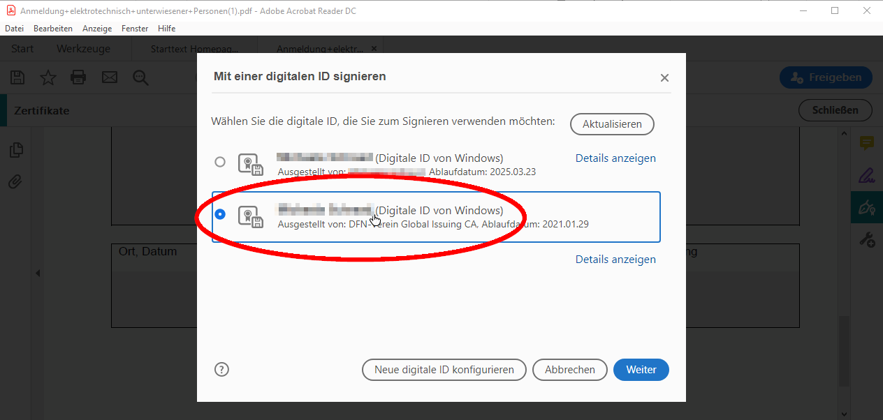 Wählen der digitalen ID Wählen der digitalen ID