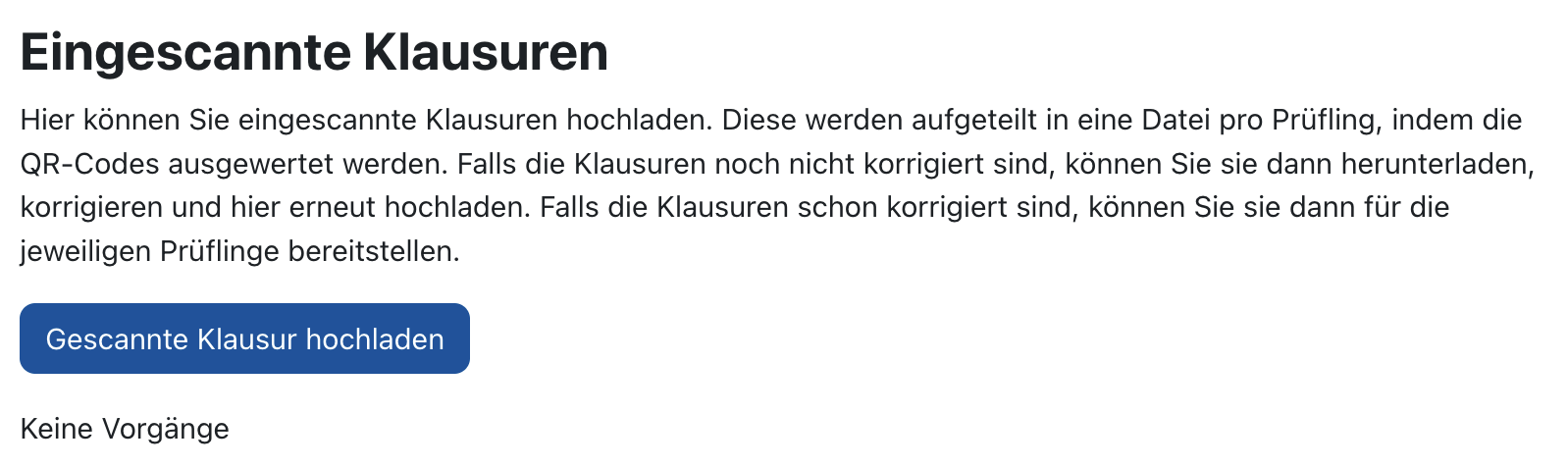 Screenshot eines Ausschnitts der Exam Scan-Übersichtsseite. Zu sehen ist der Abschnitt "Eingescannte Klausuren" mit dem Button "Gescannte Klausur hochladen".