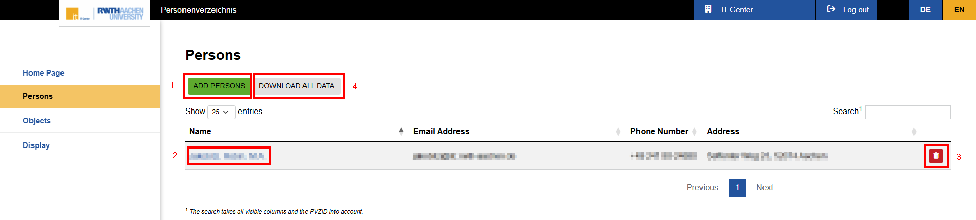 Screenshot of the ‘Persons’ page in the “Personenverzeichnis”. The ‘Add persons’ button is under the ‘Persons’ heading.