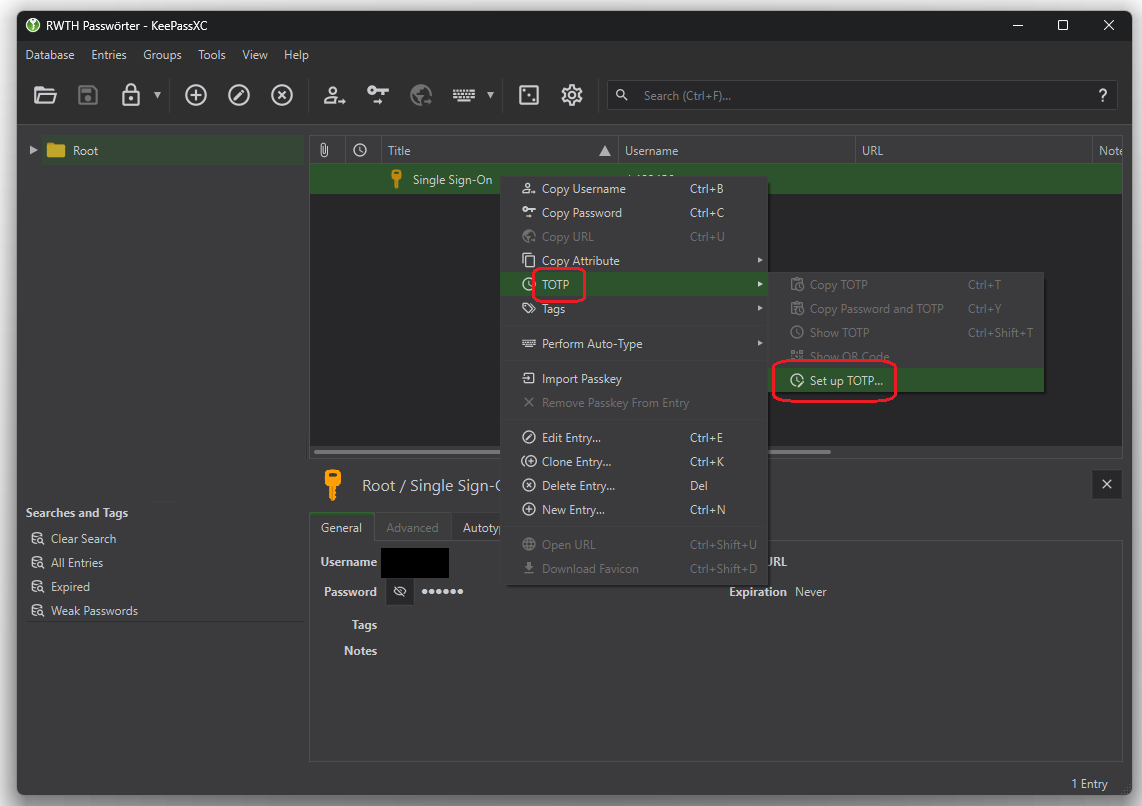 Screenshot of a database in KeePassXC. "TOTP" can be found in the menu bar under "Entries".