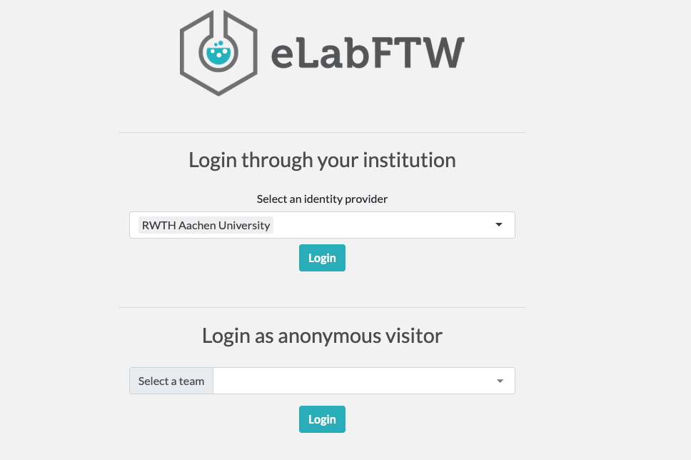 Screenshot of the eLabFTW login page. Screenshot of the eLabFTW homepage. Select your university using the drop-down menu as your identity provider. The option to log in as an anonymous visitor can be found below.
