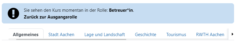 Dargestellt ist eine blaue Hinweisbox, die auf jeder Seite über dem zentralen Inhaltsbereich eingeblendet ist. Sie zeigt die ausgewählte Rolle an und erlaubt per Klick auf den Link "Zurück zur Ausgangsrolle" den einfachen Wechsel zur eigenen Rolle.