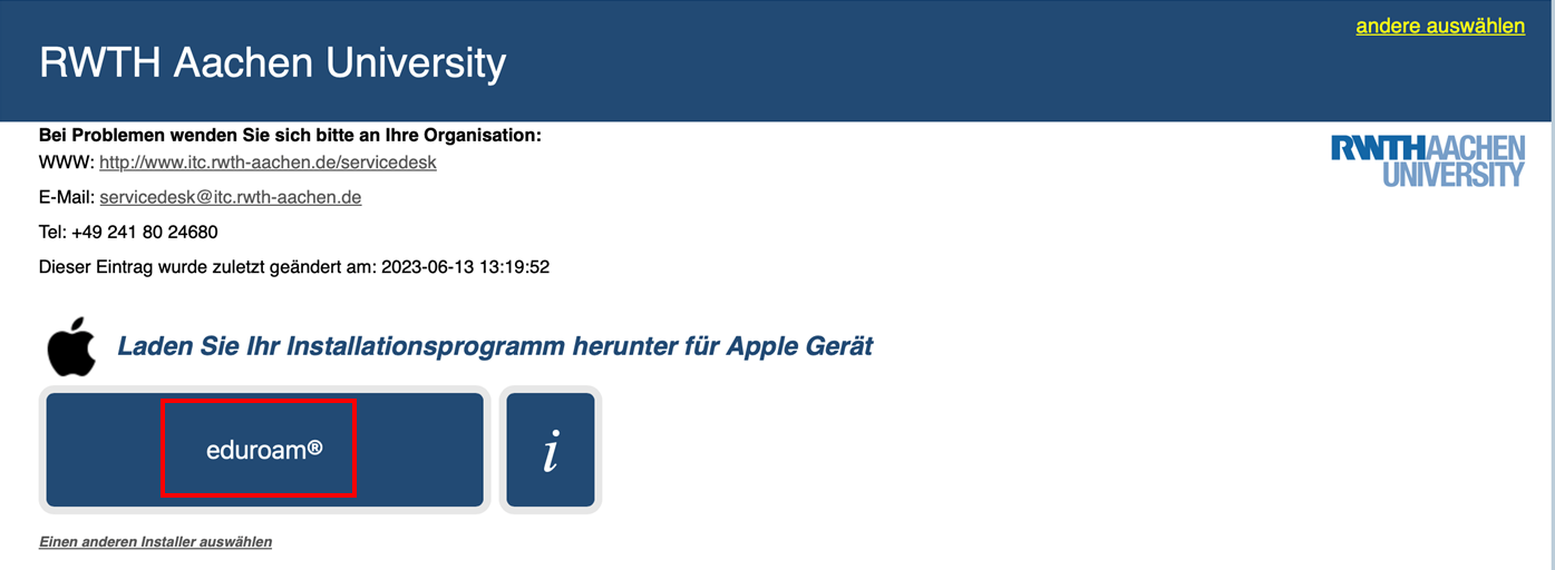 Screenshot der CAT-Website. Die eduroam-Schaltfläche befindet sich unter "Laden Sie Ihr Installationsprogramm herunter".