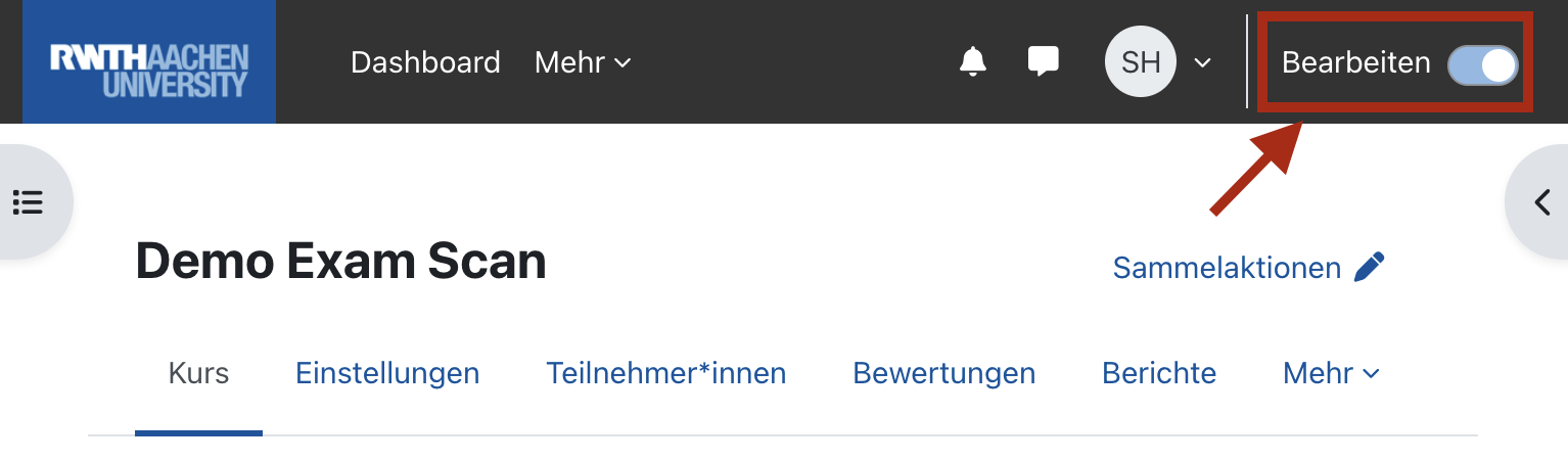 Sreenshot einer Kursseite mit eingeschaltetem Bearbeitungsmodus. Der Schalter "Bearbeiten" rechts oben ist aktiv und rot hervorgehoben.