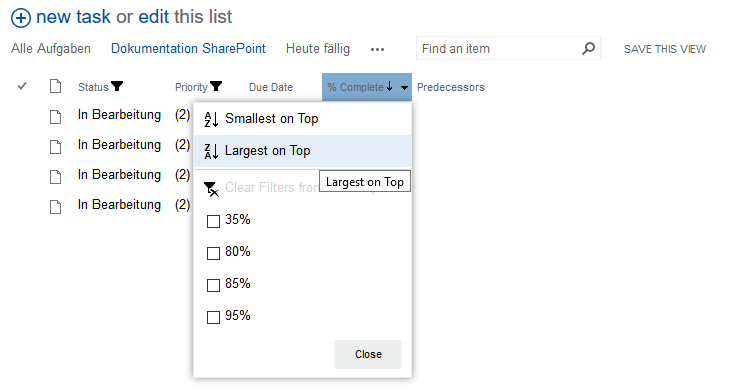 task list filtered according to completion