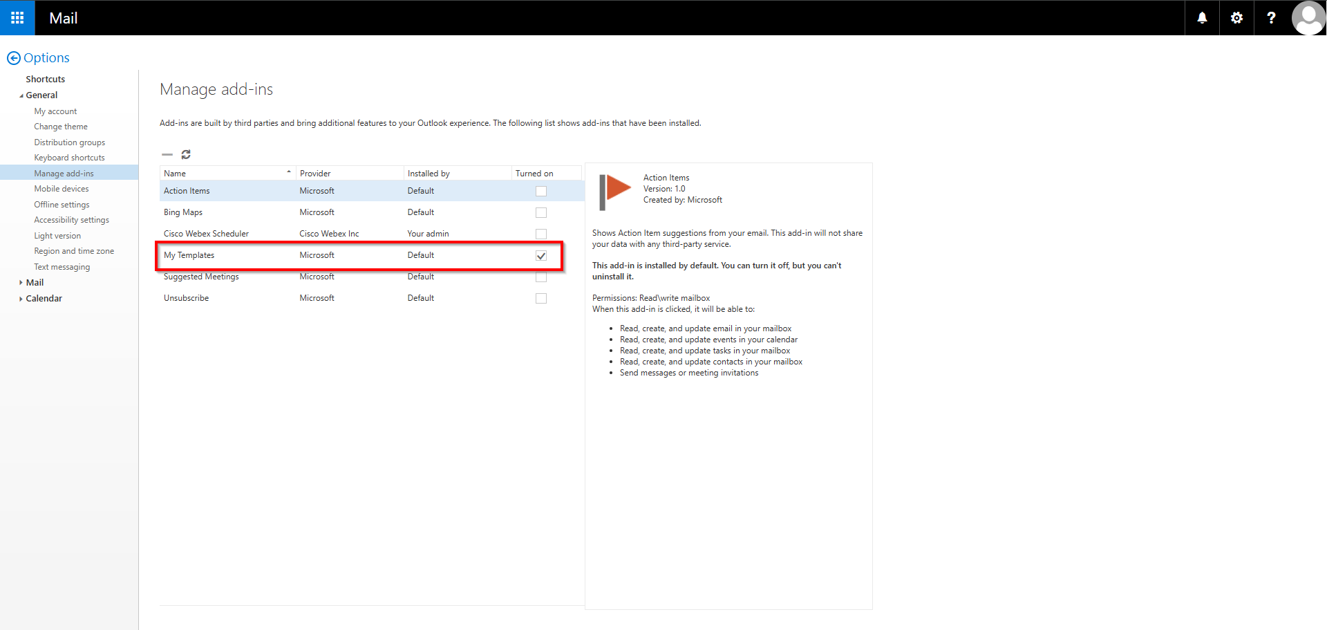 Screenshot of the “Manage Add-Ins” view with “Suggested meetins” selected in the “My Templates” drop-down list.