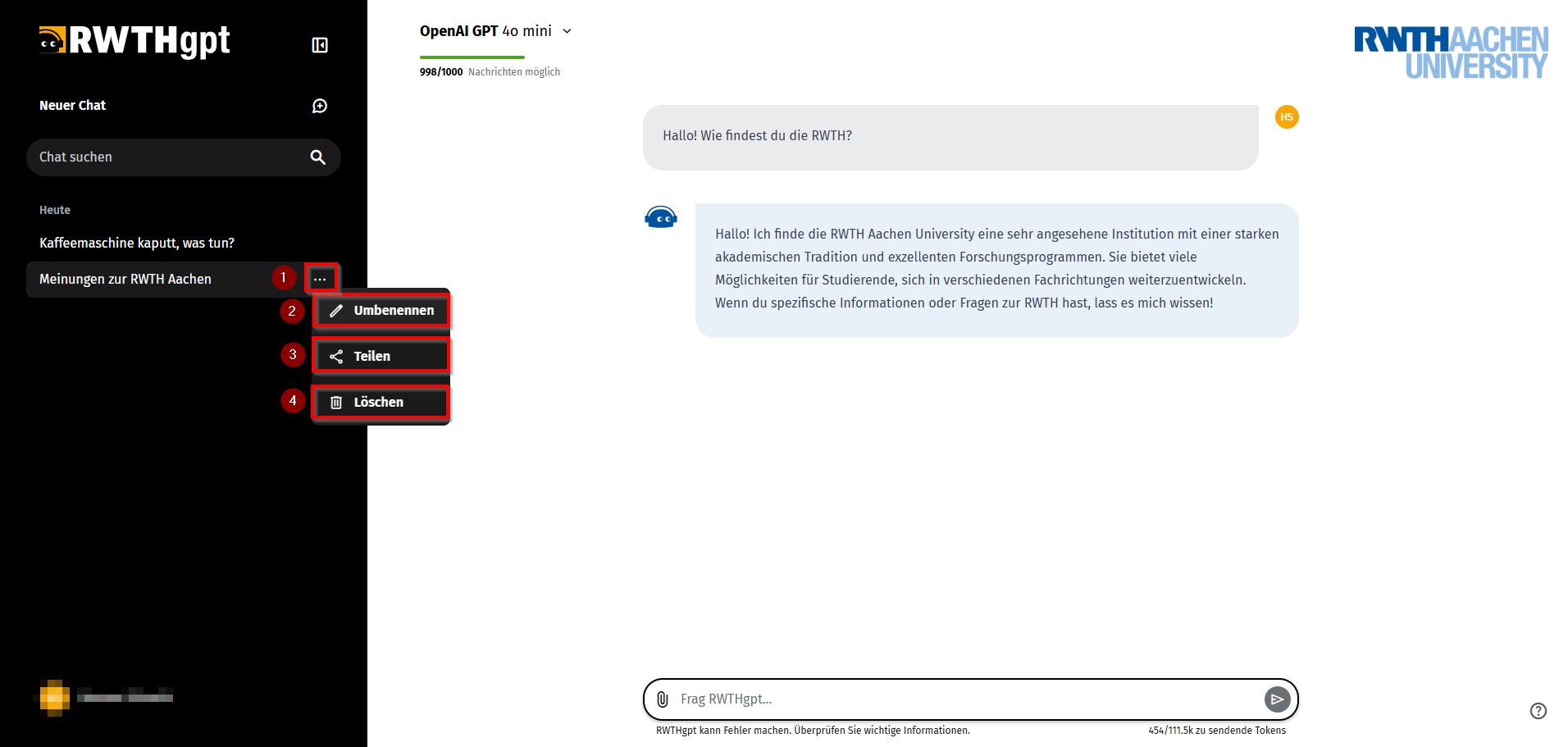 Screenshot der RWTHgpt Benutzeroberfläche auf dem links ein Chat im Chatverlauf ausgewählt ist und die Bearbeitungsoptionen "Umbennen", "Teilen" und "Löschen" markiert sind.