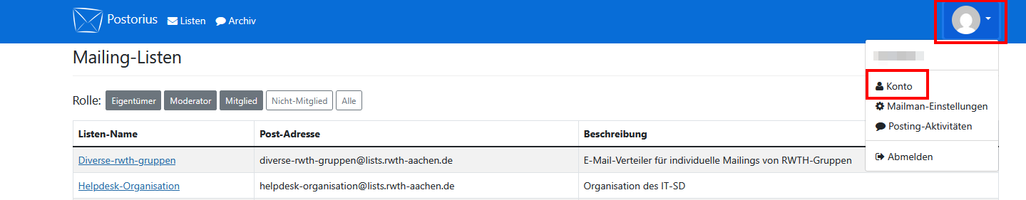 Screenshot der Startseite nach dem Login. Das Profilbild befindet sich in der Navigation und wird als Ihre primäre E-Mail-Adresse gelesen.