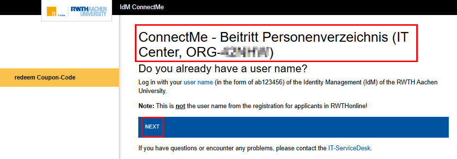 A screenshot of the ConnectMe page. The page contains instructions for logging in with the username in the format ab123456. Below the text is the Next button.