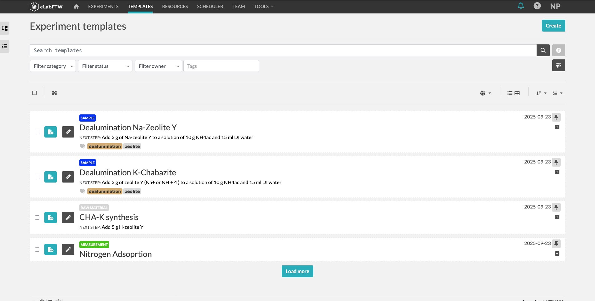 Screenshot of the templates in ELN. The button is located between "Experiments" and "Resources". Use the search bar to search for templates and filter the results by category, status, owner, and tag.