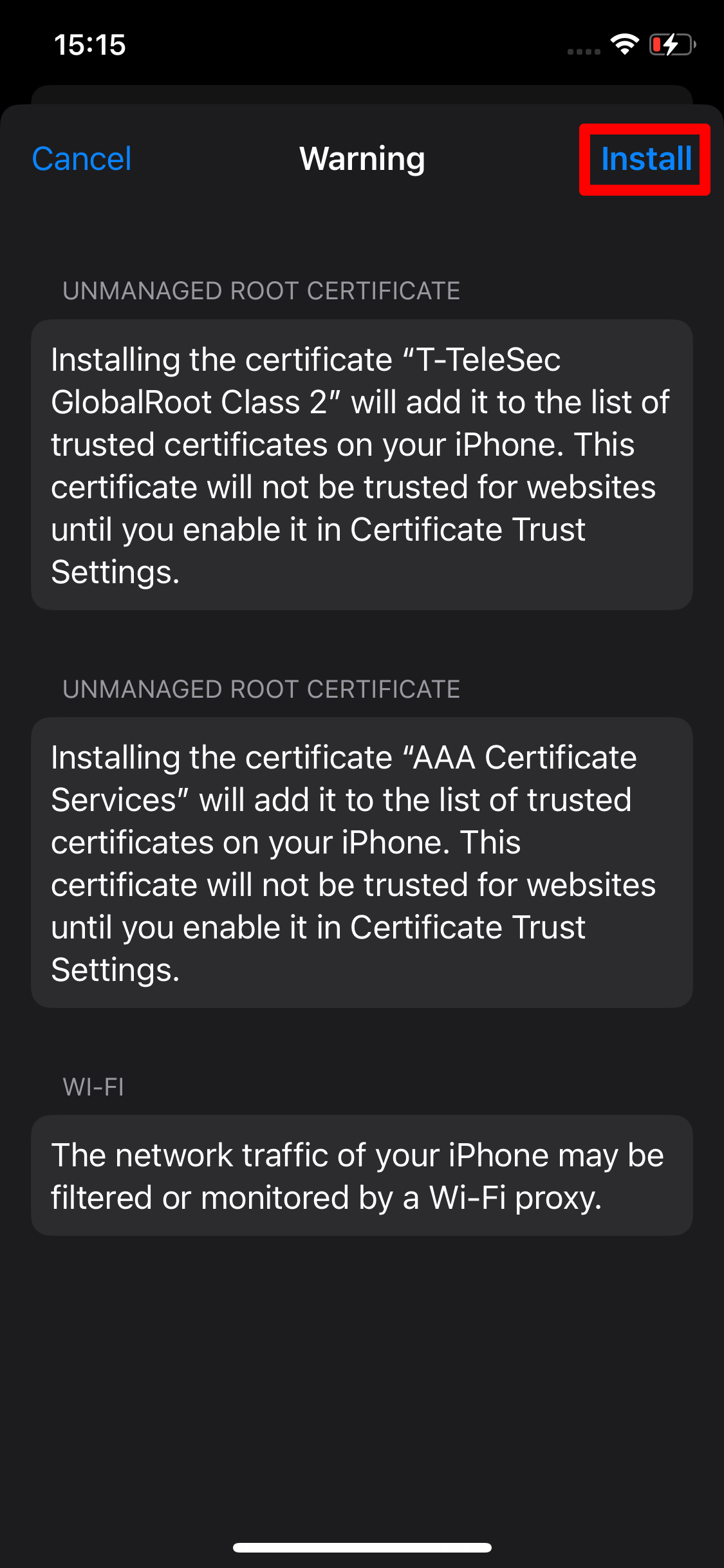 Screenshot of the certificate. Information on the T-TeleSec Global Root Class 2 and AAA Certificate Service certificate can be found in the "Unmanaged Root Certificate" section.