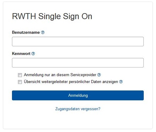Screenshot of the RWTH Single Sign On. Below the fields for username and password are the "Login" button and the "Forgot login details" link.