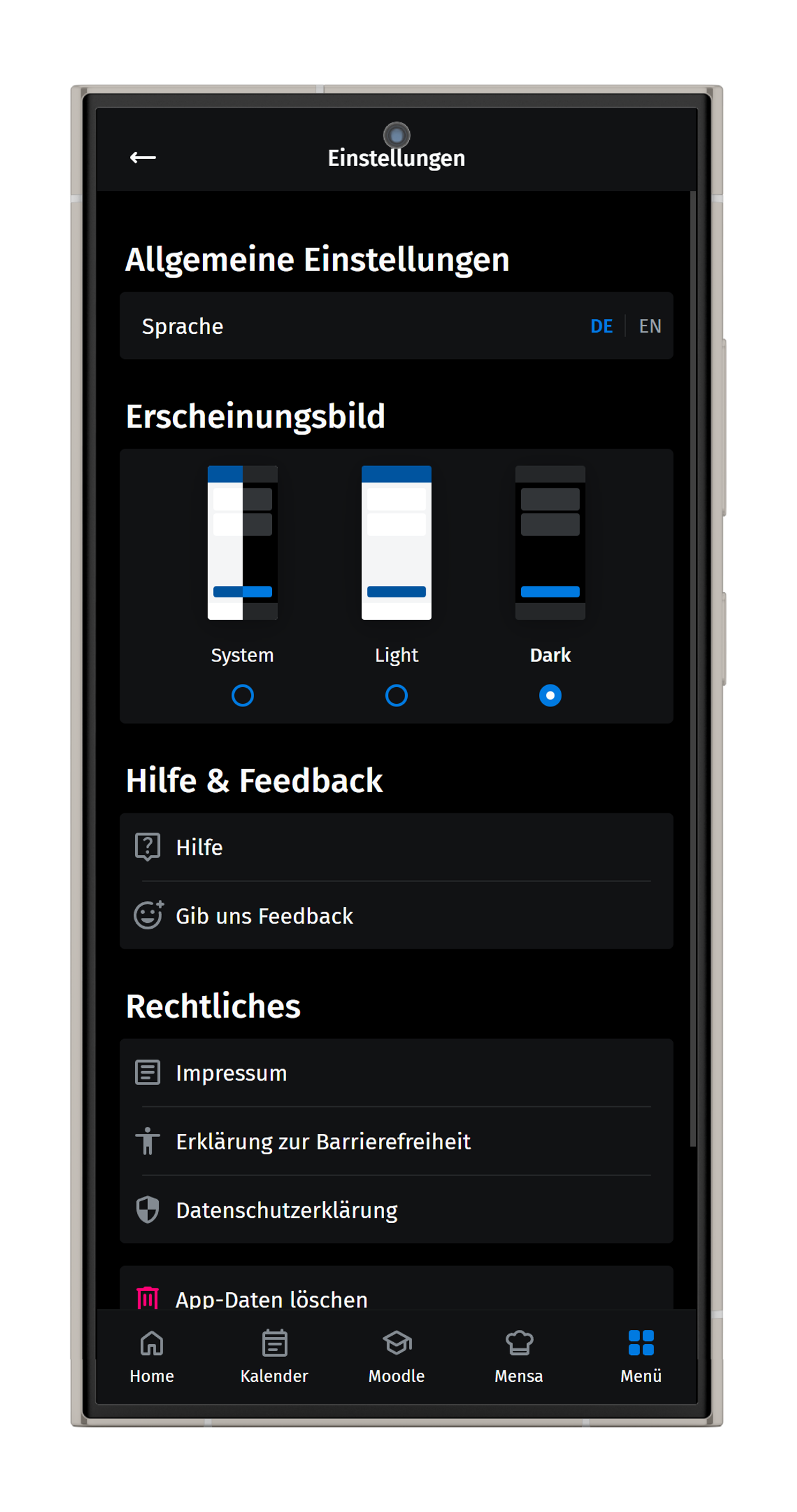 Screenshot der allgemeinen Einstellungen im Dunkelmodus. 